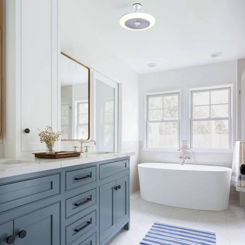 11" E26 Socket Ceiling Fan with Light, Dimmable 3 Color LED Fan Light, illuminating a stylish bathroom with modern fixtures.