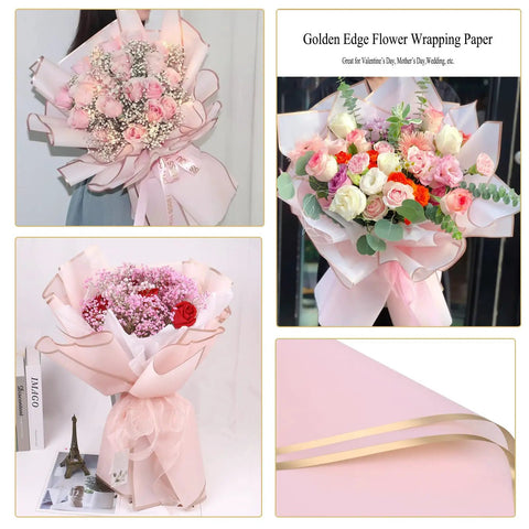 Pink Gold Edge Flower Wrapping Paper Set With 20 Sheets 22.8 By 22.8 Inches Waterproof Floral Wrap For Bouquets DIY Gift Box Packaging Florist Supplies Great For Fresh Flowers And Craft Projects