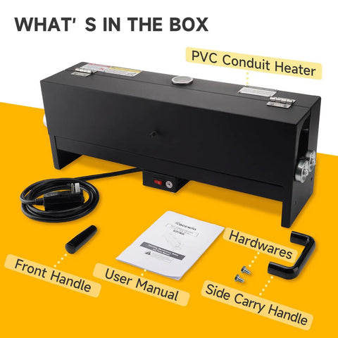 Racewill 1/2 To 2 Inch Pvc Conduit Bending Heater With Digital Temp Display For Precise Heat Control components including front handle and user manual.