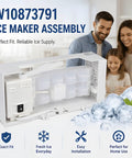 Ice Maker Assembly W10873791 for Refrigerators white plastic housing shown with family and ice cubes