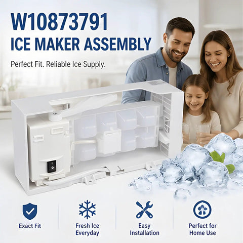 Refrigerator Ice Maker Assembly Replacement Part With High Efficiency Ice Making Tech Easy 10 Minute Install No Tools Needed Durable Plastic Construction, W10873791