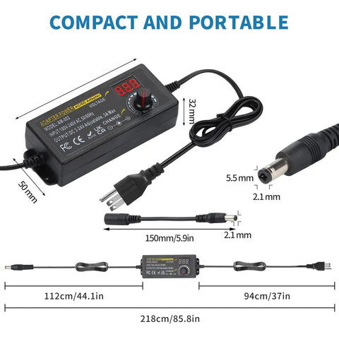 Adjustable Universal Power Supply 3V To 24V 3A 72W AC DC Switching Adapter With 5.5x2.1mm Plug 14 Tips dimensions diagram