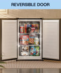 No Fuss And Slick Effortless Setup 30 Cubic Foot Upright Freezer Featuring A Reversible Door Built For Dorm Rooms Tiny Apartments And Home Workspaces In Matte Black Finish with open reversible door showcasing frozen food.