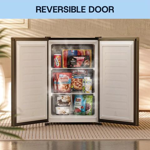 No Fuss And Slick Effortless Setup 30 Cubic Foot Upright Freezer Featuring A Reversible Door Built For Dorm Rooms Tiny Apartments And Home Workspaces In Matte Black Finish with open reversible door showcasing frozen food.