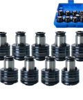 Premium 9 Piece GT12 ANSI Tap Torque Collet Set Fits M16R Electric Tapping Machine Includes 1/8 To 1/2 Inch high precision collets in storage case.
