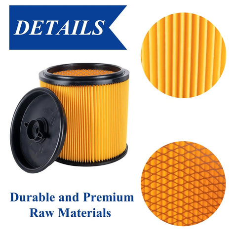Two Pack Standard Cartridge Filter And Retainer Kit For 5 To 20 Gallon Wet Dry Vacuums Compatible With Vacmaster VCFS And Hart Shop Vacs Universal Fit Across Most 5 To 20 Gallon Vacuums showing detailed yellow pleated filter and black retainer cap