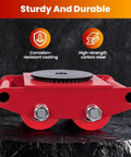 Close-up of Heavy Duty Machine Skate showing red carbon steel construction, 360 rotating plate, ideal for moving loads.