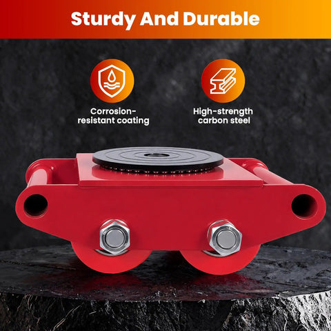 Close-up of Heavy Duty Machine Skate showing red carbon steel construction, 360 rotating plate, ideal for moving loads.