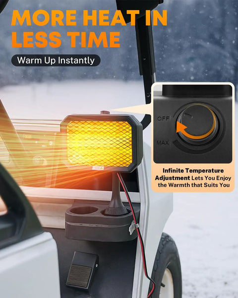 Badass 48V Electric Golf Cart Heater With Infinite Temperature Adjustment And Windproof Carbon Fiber Core, displaying controls and warm light.