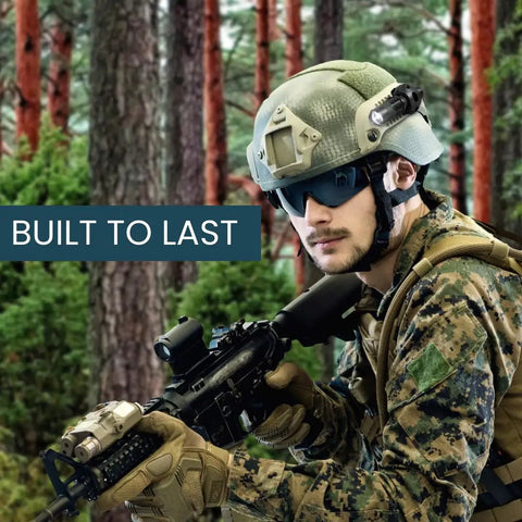 Person wearing 350 Lumen Tactical Helmet Light With 3 Modes ARC Rail Mount For Airsoft And Military Helmets in forest setting