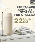 Chill Out With This Portable Breast Milk Cooler 22 Oz Includes Two Leakproof Nursing Bottles No Ice Cooling Tech Keeps Fresh For 24 Hrs, showing a 22oz cream cooler with measurements and baby clothes.