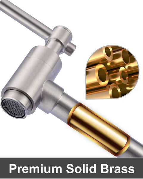 Brass Pot Filler Faucet Wall Mount, Brushed Nickel, Folding Stretchable Arm, solid brass construction, close-up