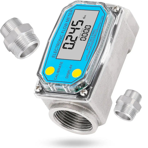 1 Inch and Three Quarter Inch Turbine Flow Meter Stainless Steel Digital Liquid Flowmeter with NPT Adapters for Water Diesel Kerosene Gasoline