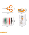 Components of Go-To Compact Travel Sewing Kit with folding scissors, threads, needles, and buttons displayed with measurements.