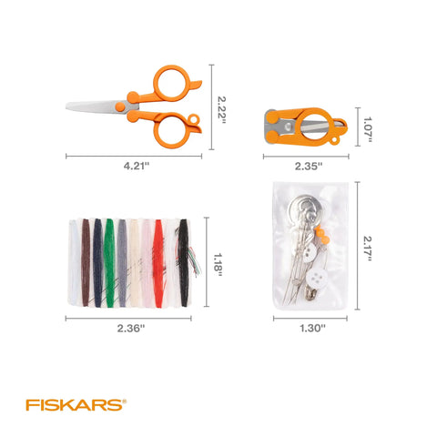 Components of Go-To Compact Travel Sewing Kit with folding scissors, threads, needles, and buttons displayed with measurements.