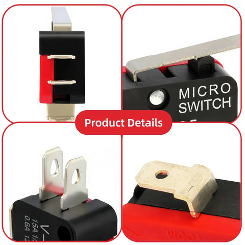 Beefy Long Lever Micro Limit Switch SPDT 1NO 1NC V-153-1C25 momentary, close-up of terminals and switch details for machinery