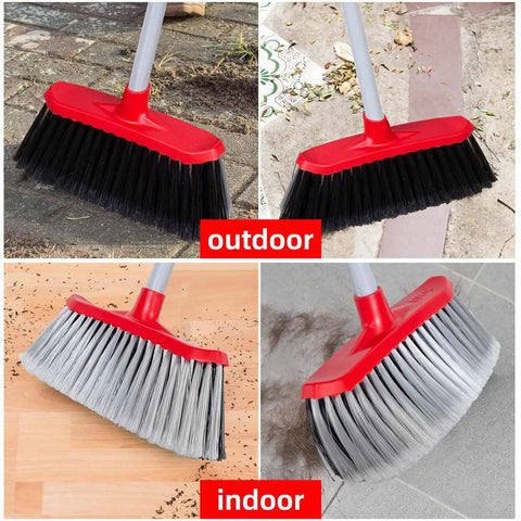 Four views of a Double Sided Broom With Long Handle Heavy Duty Indoor Outdoor Workhorse For Pet Hair Dust And Debris 51 Inch Reach