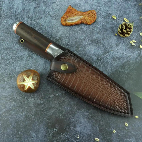Beast Mode 7 Inch Meat Cleaver with 5Cr15Mov Blade in Durable Sheath on textured background, perfect for kitchen prep