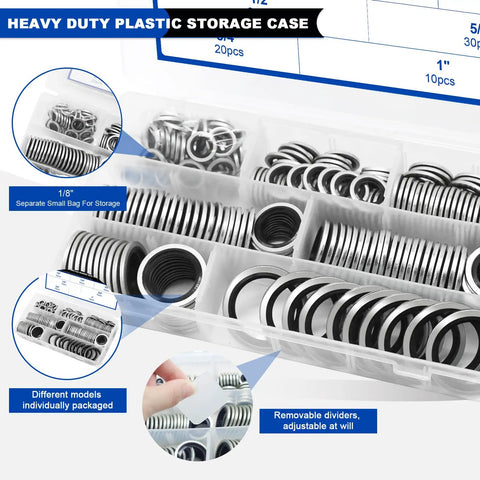 245 Pieces SAE Bonded Sealing Washers Set 7 Sizes NBR Rubber Gaskets Zinc Plated Steel storage case in close-up view