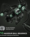 Close-up of Spartacus II Spinning Fishing Rod And Reel Combo showing 7+1 ball bearings and stainless steel components for smooth casting.