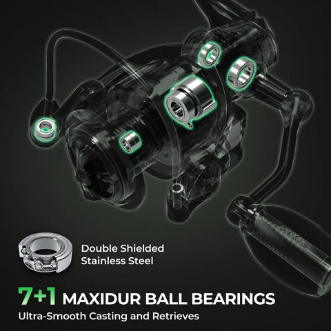 Close-up of Spartacus II Spinning Fishing Rod And Reel Combo showing 7+1 ball bearings and stainless steel components for smooth casting.