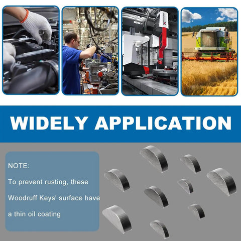 80 Piece Woodruff Key Set Metric Carbon Steel Semicircle Half Moon Keys For Keyways And Flywheels Includes 8 Sizes With 10 Pieces Each Built For Auto And Industrial Gearheads shown with various industrial applications and a note on rust prevention coating