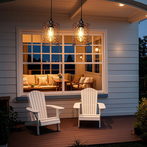 Super Lit Battery Operated Hanging Chandelier Crafted From Twisted Copper And Glowing Gold Beads 5By6 Inch Pendant Lamp for an outdoor patio setting.