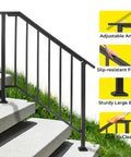 Heavy Duty Outdoor Hand Rails Kit For Two To Three Step Stairs All Season Exterior Stair Railing showing a sturdy black iron rail with adjustable angle.