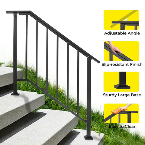 Heavy Duty Outdoor Hand Rails Kit For Two To Three Step Stairs All Season Exterior Stair Railing showing a sturdy black iron rail with adjustable angle.