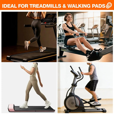 Collage of people exercising on treadmills, rowing machine, walking pad, and elliptical, ideal for Silicone Treadmill Belt Lubricant 8 Oz Total With 2 Long Nozzle Tubes, Reduces Noise And Friction.
