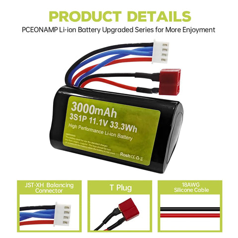 3000mAh 3S1P 11.1V Li-ion battery with T plug and cables for RC vehicles