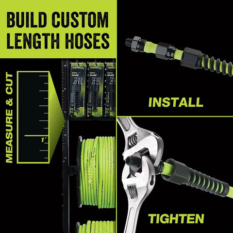 Beefy Three Eighths Inch Hybrid Air Hose 250 Feet Lightweight Yet Heavy Duty Kink Resistant All Weather Flexibility From Minus Forty To One Forty Coils Flat With Zero Memory ZillaGreen showing installation and tightening.