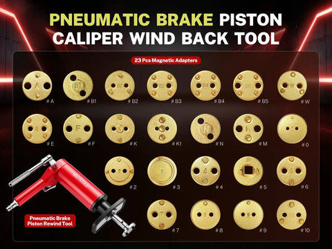 Air Powered Brake Caliper Wind Back Tool Kit With 23 Adapters And European Plug, 24-Piece Disc Brake Piston Rewind Set Display