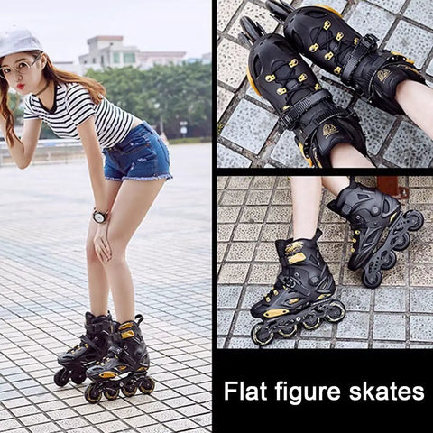 Woman wearing Men Inline Skates With Light Up Four Wheels, Adjustable Roller Blades for outdoor fitness