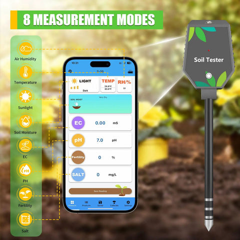 8 In 1 Soil Tester Meter For Plants That Checks Moisture pH EC Fertility Light Salt Temperature And Air Humidity shown with smartphone app interface in garden