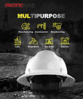 Full Brim Hard Hat For Construction Safety, OSHA Certified And ANSI Z89 Type 1 Class E G C, 4 Point Adjustable Ratchet Suspension, White Protective Helmet For Job Sites, Built Tough For On The Job Comfort And Daily Wear, depicted against an industrial backdrop with icons for various uses.
