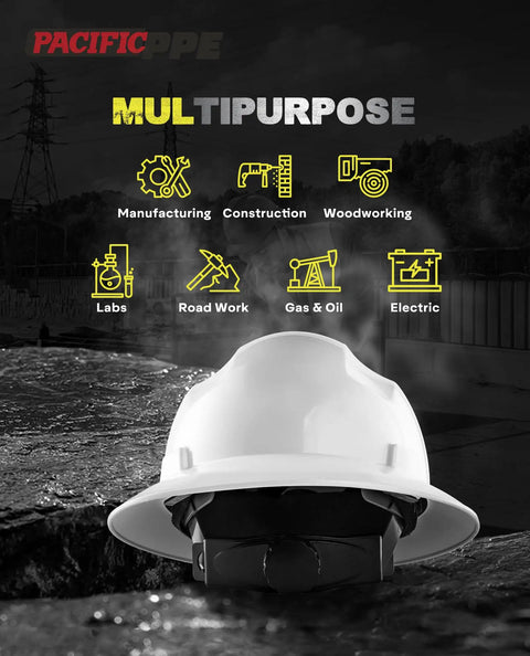Full Brim Hard Hat For Construction Safety, OSHA Certified And ANSI Z89 Type 1 Class E G C, 4 Point Adjustable Ratchet Suspension, White Protective Helmet For Job Sites, Built Tough For On The Job Comfort And Daily Wear, depicted against an industrial backdrop with icons for various uses.
