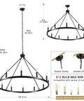 Diagram of Matte Black 8 Light Farmhouse Chandelier showing dimensions and E12 bulb compatibility for various ceilings.