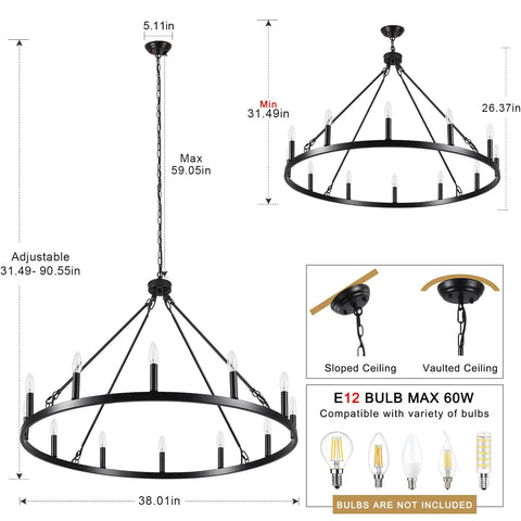 Diagram of Matte Black 8 Light Farmhouse Chandelier showing dimensions and E12 bulb compatibility for various ceilings.
