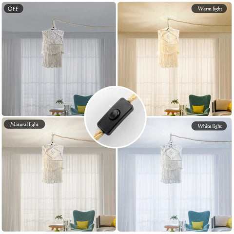 Handmade Macrame Pendant Light With Plug In Cord, 15Ft Hanging Lamp showing three color changing light modes and on off switch