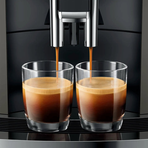 Grab This Slick Automatic Coffee Maker For Cranking Out Seventeen Specialty Brews And Custom Strength Settings Perfect For Handling The Daily Grind At Home Or Work, pouring espresso into two glasses.