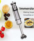 Straight Outta Box Kitchen Essential This 800W 5 In 1 Handheld Blender Delivers A Corded Stick Design Plus Attached Chopper Whisk And Frother For Down Pat Smoothies Silky Purees And Lazy Night Dinner Sauces, shown with ingredients.