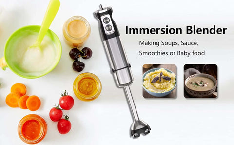 Straight Outta Box Kitchen Essential This 800W 5 In 1 Handheld Blender Delivers A Corded Stick Design Plus Attached Chopper Whisk And Frother For Down Pat Smoothies Silky Purees And Lazy Night Dinner Sauces, shown with ingredients.