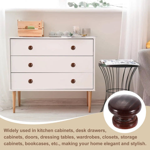Spruce Up Your Space With Dope 5 Piece Round Wood Drawer Knobs Including Screws For Dresser Wardrobe Cupboard Featuring Slick Mushroom Shape Paint Surface And Natural Solid Wood Base For Fixer Upper Makeovers on white dresser in home setting.