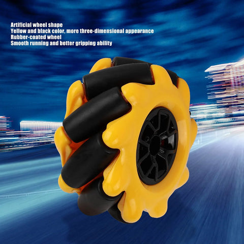 Mecanum wheel with yellow housing and black rubber rollers; 48mm omni-directional wheel for TT geared motor