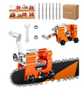 No Sweat Manual Chainsaw Sharpener Kit Featuring Seven Precision Grinding Stones And A Foolproof Guide For Four To Twenty Two Inch Chains, with orange metal holder and accessories.