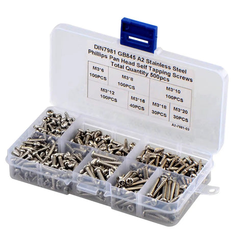 500 Piece M3 Stainless Steel 304 Self Tapping Screws Pan Head Design in a clear organized storage case.