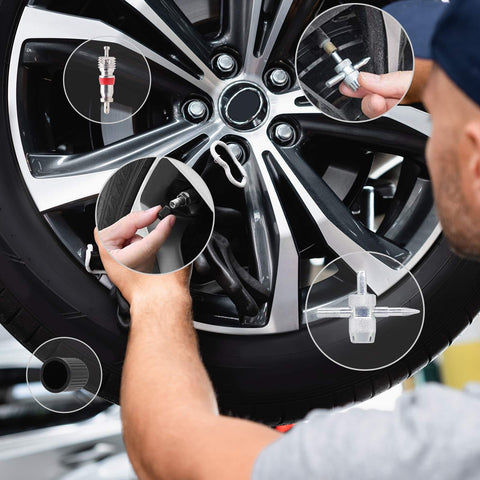 Mechanic using Ultimate Tire Valve Removal Kit With 20 Valve Cores And 10 Caps 4 Way Valve Tool And Core Remover Set on car wheel