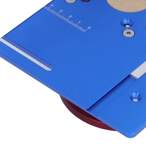 Dead On Aluminum Router Table Insert Plate That Clicks Securely Into Woodworking Rigs Matching Sixty Four To Sixty Five Mm Motors And Dishing Out Fifty One Mm Lift Stroke In Bold Blue, top view showing precision details.