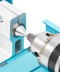 Close-up of Mini Wood Lathe for Desktop Use with 7 Speed Settings 96W Motor Up to 9000 RPM for precision cutting and shaping.